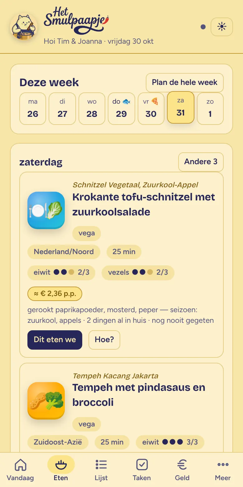 Het tabblad Eten met de weekbalk en drie opties