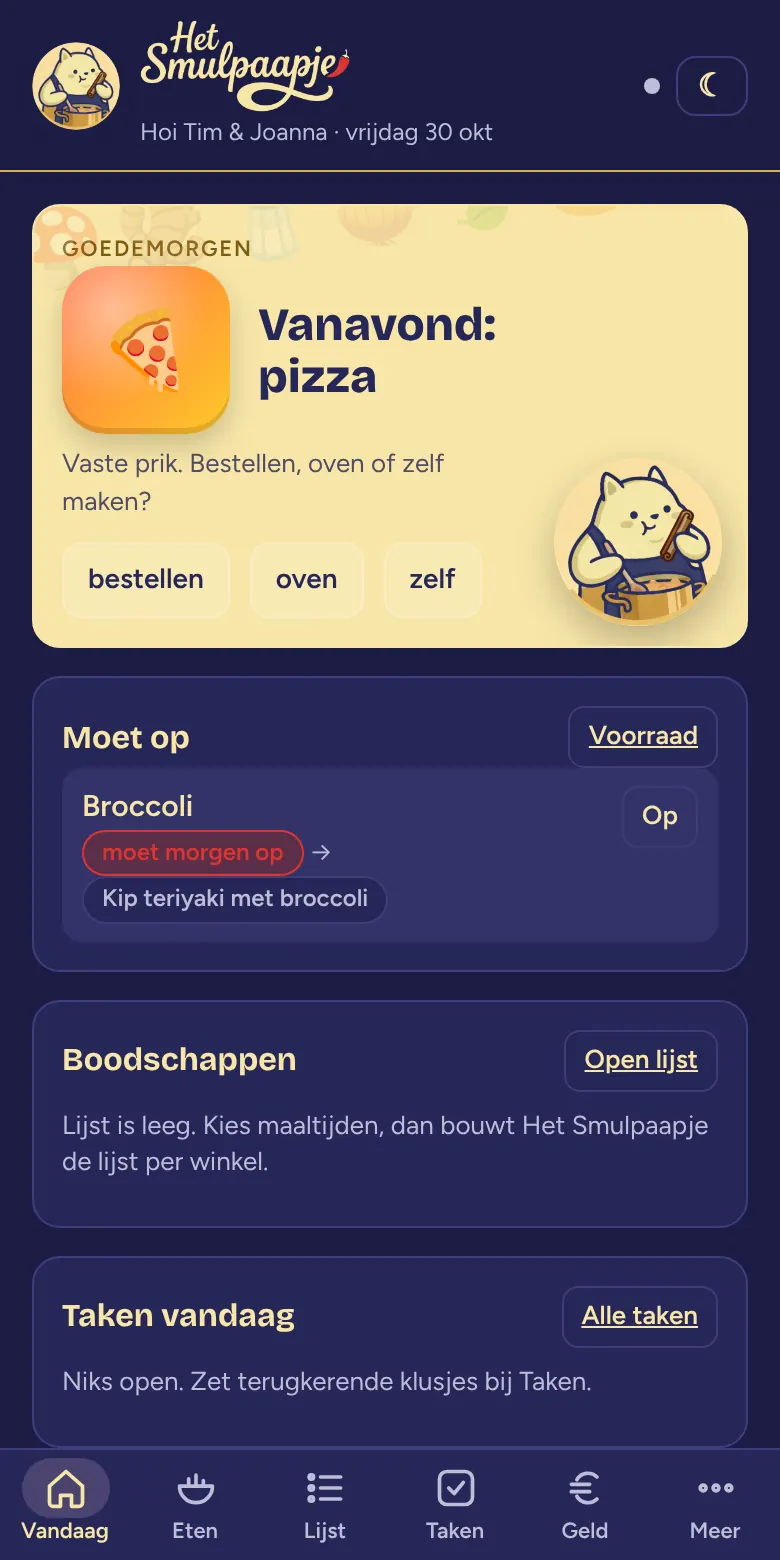 Het tabblad Vandaag in donker thema